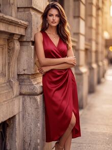 Ellevyn Women's Satin Halter Neck Ruched Curved Hem Elegant Sexy Commute Light Party Cocktail Dinner Night Out V-Neck Midi Dress Wedding Dark Red Summer - Burgundy - View 6