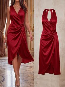 Ellevyn Women's Satin Halter Neck Ruched Curved Hem Elegant Sexy Commute Light Party Cocktail Dinner Night Out V-Neck Midi Dress Wedding Dark Red Summer - Burgundy - View 8