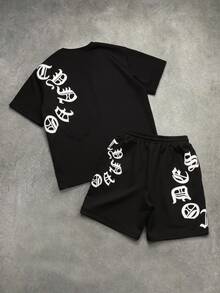 STYNVO 男士字母印花短袖T恤與短褲休閒日常穿搭套裝 - 黑色 - 查看 2