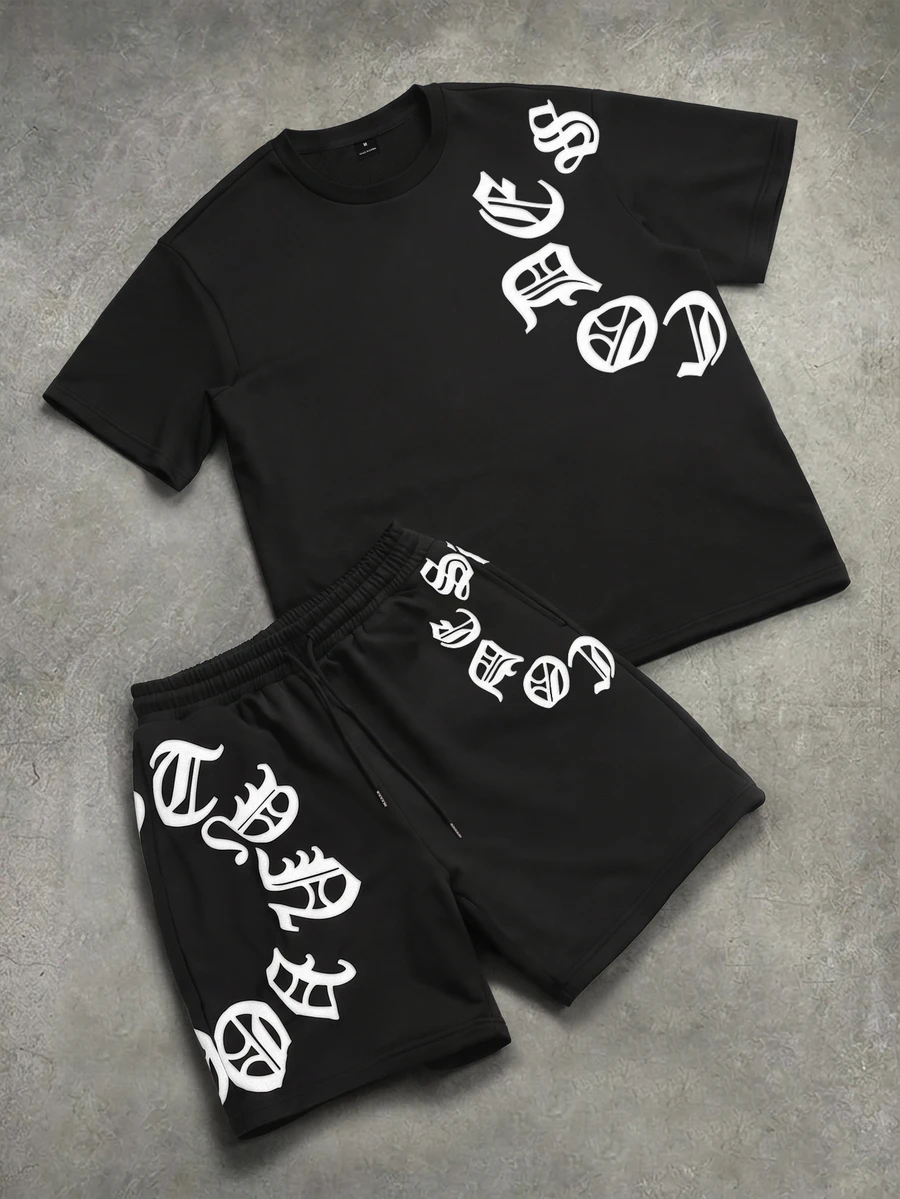 STYNVO 男士字母印花短袖T恤與短褲休閒日常穿搭套裝 - 黑色 - 查看 1