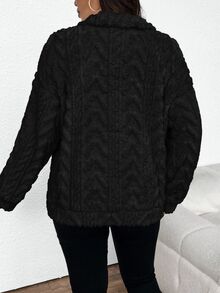 SHEIN Frenchy 大码女式纹理拉链半开襟休闲抓绒卫衣，秋冬款 - 黑色 - 查看 2