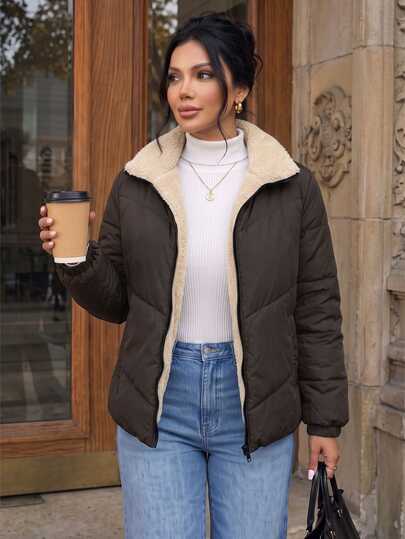 SHEIN Frenchy Büyük Beden Kadınlar İçin Kışlık Sıcak Uzun Kollu Günlük Dolgulu Mont