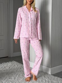 SHEIN Plus Size Women 2 Pcs Pink Button Front With Striped&Heart Pattern Homewear Cute Pajama Set - Pink - View 6