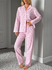 SHEIN Plus Size Women 2 Pcs Pink Button Front With Striped&Heart Pattern Homewear Cute Pajama Set - Pink - View 10