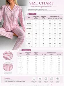SHEIN Plus Size Women 2 Pcs Pink Button Front With Striped&Heart Pattern Homewear Cute Pajama Set - Pink - View 7