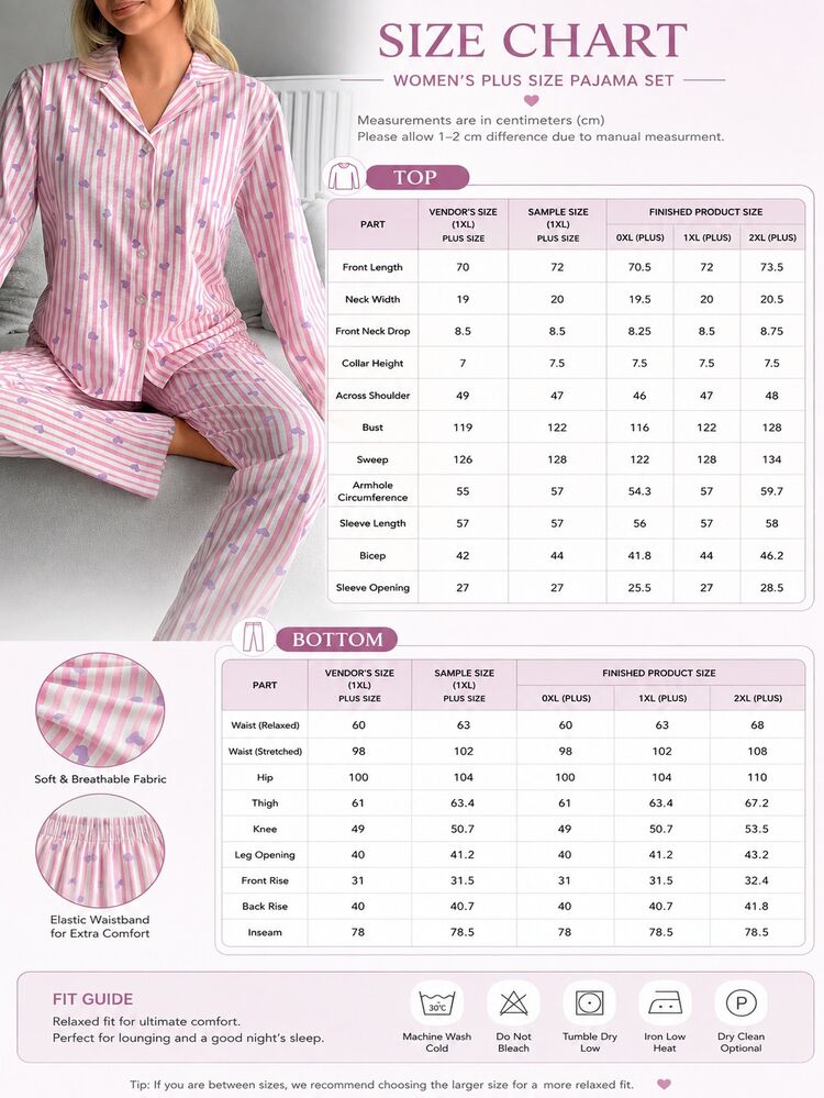 SHEIN Plus Size Women 2 Pcs Pink Button Front With Striped&Heart Pattern Homewear Cute Pajama Set - Pink - View 6