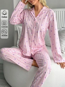 SHEIN Plus Size Women 2 Pcs Pink Button Front With Striped&Heart Pattern Homewear Cute Pajama Set - Pink - View 5