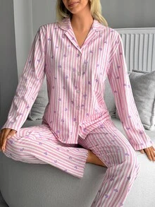 SHEIN Plus Size Women 2 Pcs Pink Button Front With Striped&Heart Pattern Homewear Cute Pajama Set - Pink - View 4