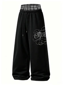 STYNVO Men's Letter Print Plaid Patchwork Sweatpants - Black - View 3