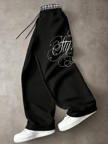 STYNVO Men's Letter Print Plaid Patchwork Sweatpants - Black - View 1