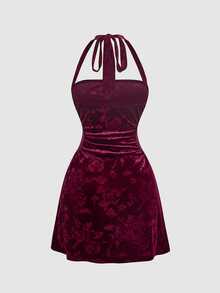 SHEIN MOD Women's Elegant Jacquard Backless Halter Neck Short Dress - Burgundy - View 4