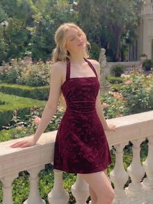 SHEIN MOD Women's Elegant Jacquard Backless Halter Neck Short Dress - Burgundy - View 1