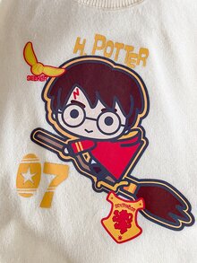 PrepCrw HARRY POTTER X SHEIN 男嬰舒適百搭時尚休閒可愛日系簡約卡通印花圓領套頭毛衣，秋冬米色 1 歲生日 - 白色 - 查看 4