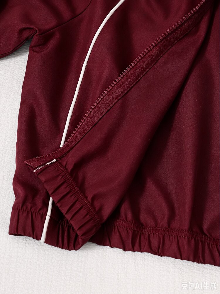 SHEIN Girls 3 Pieces Casual Sports Set, Navy Blue Woven Hooded Zip-Up Jacket + White Camisole + Matching Wide-Leg Sweatpants, White Contrast Trim On Body And Pants Sides, Elastic Waist And Cuffed Design, Draping And Comfortable, Suitable For Spring/Autumn Outings, School Commute, Home And Daily Wear - Burgundy - View 3