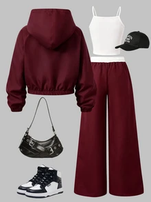 SHEIN 女童 3 件組休閒運動套裝，秋季穿搭，海軍藍梭織連帽拉鍊外套 + 白色細肩帶背心 + 同款寬腿運動長褲 - 酒紅色 - 查看 2
