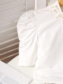 SHEIN 青少年女孩 2件組 短袖圓領串珠裝飾T恤與仿蕾絲印花迷你裙套裝，秋冬穿搭，返校季 - 彩色 - 查看 4
