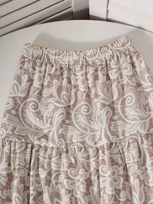 SHEIN 青少年女孩 2件組 短袖圓領串珠裝飾T恤與仿蕾絲印花迷你裙套裝，秋冬穿搭，返校季 - 彩色 - 查看 7