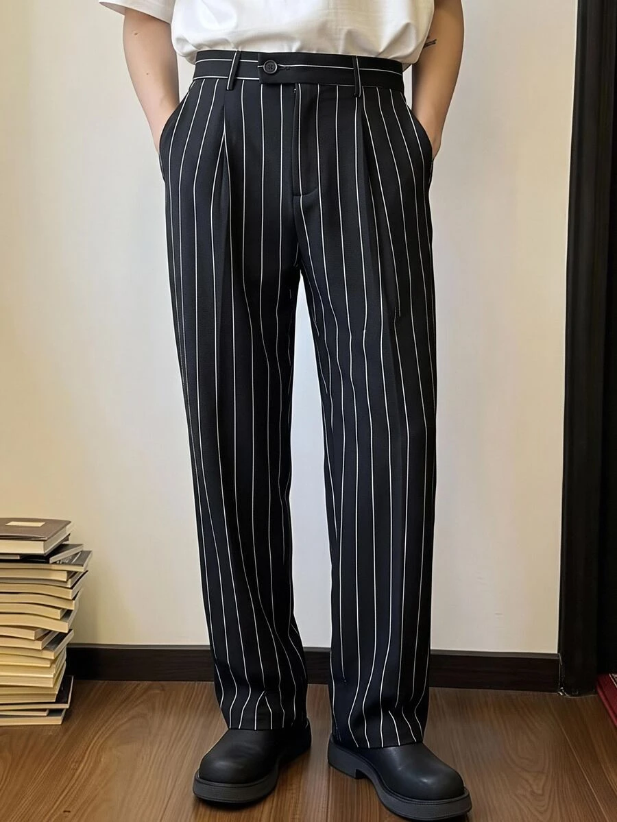 Manfinity RebelGame Men's Black And White Striped Straight Leg Loose Casual Long Pants Teachers' Day Wedding Office Business Summer - Black and White - View 1