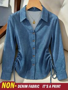 SHEIN Franclia Spring/Autumn Casual Commuter Style Denim Effect Blue Shirt, Plus Size Turn Collar Single-Breasted Wooden Button Side Cinched Waist Long Sleeve Blouse, Flattering For Figure, Versatile Daily Layering Top - Blue - View 2