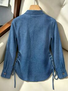 SHEIN Franclia Spring/Autumn Casual Commuter Style Denim Effect Blue Shirt, Plus Size Turn Collar Single-Breasted Wooden Button Side Cinched Waist Long Sleeve Blouse, Flattering For Figure, Versatile Daily Layering Top - Blue - View 3