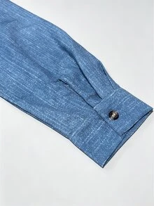 SHEIN Franclia Spring/Autumn Casual Commuter Style Denim Effect Blue Shirt, Plus Size Turn Collar Single-Breasted Wooden Button Side Cinched Waist Long Sleeve Blouse, Flattering For Figure, Versatile Daily Layering Top - Blue - View 5