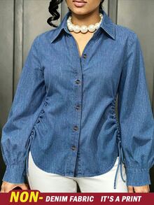 SHEIN Franclia Spring/Autumn Casual Commuter Style Denim Effect Blue Shirt, Plus Size Turn Collar Single-Breasted Wooden Button Side Cinched Waist Long Sleeve Blouse, Flattering For Figure, Versatile Daily Layering Top - Blue - View 1