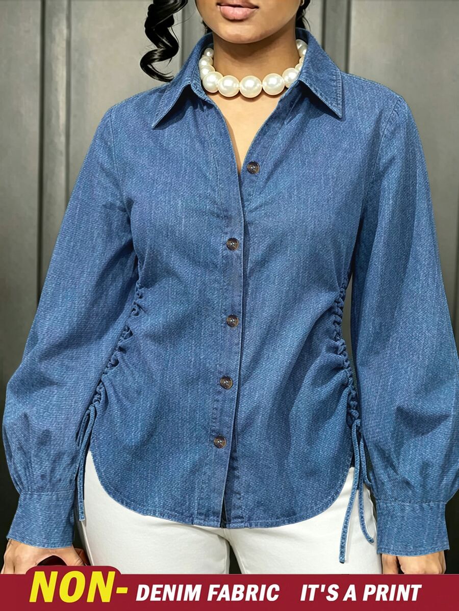 SHEIN Franclia Spring/Autumn Casual Commuter Style Denim Effect Blue Shirt, Plus Size Turn Collar Single-Breasted Wooden Button Side Cinched Waist Long Sleeve Blouse, Flattering For Figure, Versatile Daily Layering Top - Blue - View 1