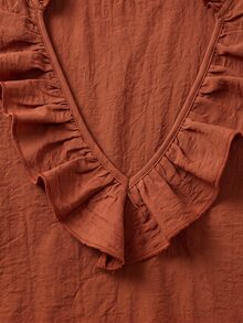 EMERY ROSE Women's Plus Size Autumn Casual Solid Orange Brown Deep V-Neck Ruffle 3/4 Sleeve Blouse, Suitable For Casual Commute Outing Daily Wear Fall - Brown - View 5