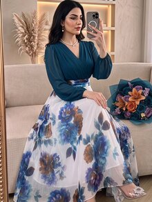 Modelyn 2026新款花卉印花拼接大尺碼洋裝 - 彩色 - 查看 1