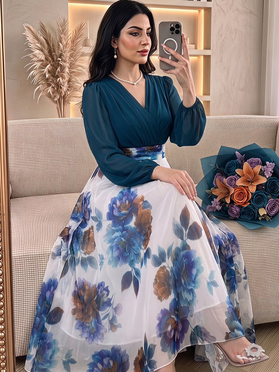 Modelyn 2026新款花卉印花拼接大尺碼洋裝 - 彩色 - 查看 1