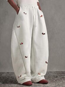 Manfinity RebelGame Men's Dachshund Embroidered Drawstring Waist Loose Casual Long Pants - Light Grey - View 1