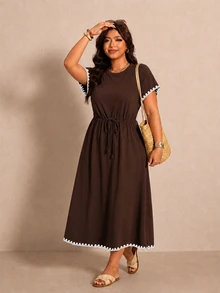 Elaquor Plus Size Women's Colorblock Pleated Casual Party Dress - Brown - View 3