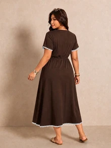Elaquor Plus Size Women's Colorblock Pleated Casual Party Dress - Brown - View 2