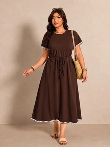 Elaquor Plus Size Women's Colorblock Pleated Casual Party Dress - Brown - View 6