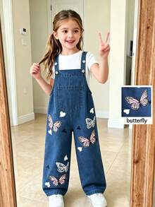 Elladie kids 女童可愛卡通蝴蝶印花牛仔吊帶褲，休閒時尚款，適合春夏秋冬返校穿著與假期穿搭，粉色與藍色 - 中等水洗藍 - 查看 11