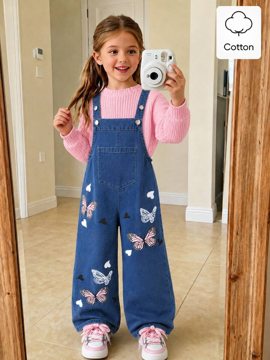 Elladie kids 女童可愛卡通蝴蝶印花牛仔吊帶褲,休閒時尚款,適合春夏秋冬返校穿著與假期穿搭,粉色與藍色 - 中等水洗藍 - 查看 1