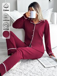 SHEIN طقم بيجامة كلاسيكي بأزرار أمامية مقاس صغير - ملابس علوية ناعم بأكمام طويلة وبنطال مريح بساق مستقيمة ملابس منزلية - عنابي اللون - مشاهدة 4