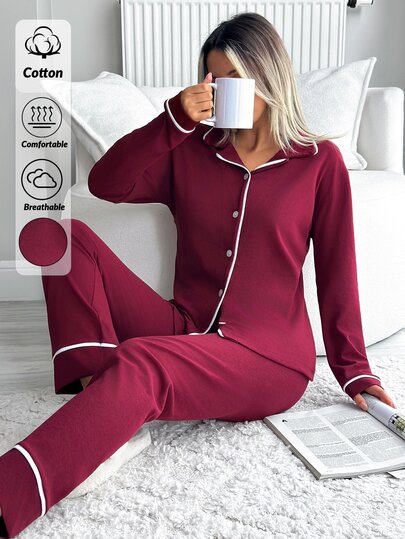 SHEIN Cottnline Conjunto de Pijama Clássico Casual Simples e Recatado em Tamanho Petite – Top de Manga Comprida Macio, Calças Confortáveis de Perna Reta, Roupa de Estar em Casa e Dormir, Borgonha, Outono