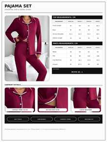 SHEIN طقم بيجامة كلاسيكي بأزرار أمامية مقاس صغير - ملابس علوية ناعم بأكمام طويلة وبنطال مريح بساق مستقيمة ملابس منزلية - عنابي اللون - مشاهدة 3