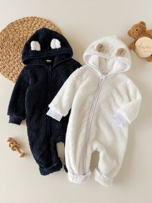 SHEIN Vintaside Kids 秋冬嬰兒法蘭絨連身衣，加厚珊瑚絨爬行服，新生兒連帽拉鍊外套 - 彩色 - 查看 4