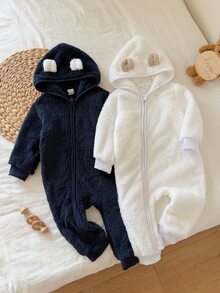 SHEIN Vintaside Kids 秋冬嬰兒法蘭絨連身衣，加厚珊瑚絨爬行服，新生兒連帽拉鍊外套 - 彩色 - 查看 9