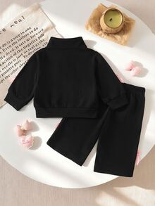 Souflis Souflis Baby Girl Black Hoodie Casual Sweet Bow Embroidered Long Sleeved Two Pieces Set - Black - View 2