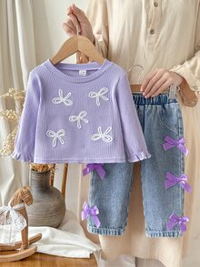 SHEIN 2件組幼女上衣與牛仔褲套裝，可愛甜美紫色與藍色蝴蝶結荷葉邊羅紋長袖圓領，正裝版，適合生日派對、秋季保暖公主芭蕾針織風 - 紫色 - 查看 2