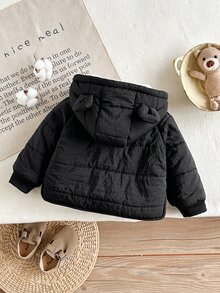 SHEIN 男嬰冬季加厚夾棉外套，保暖抓絨內裡連帽羽絨大衣，附口袋，黑色厚實外衣 - 黑色 - 查看 3