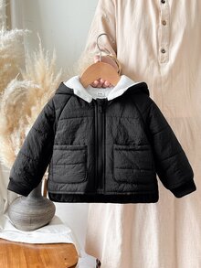 SHEIN 男嬰冬季加厚夾棉外套，保暖抓絨內裡連帽羽絨大衣，附口袋，黑色厚實外衣 - 黑色 - 查看 4