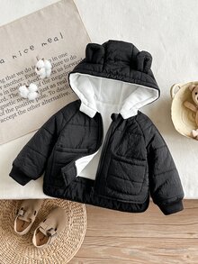 SHEIN 男嬰冬季加厚夾棉外套，保暖抓絨內裡連帽羽絨大衣，附口袋，黑色厚實外衣 - 黑色 - 查看 10
