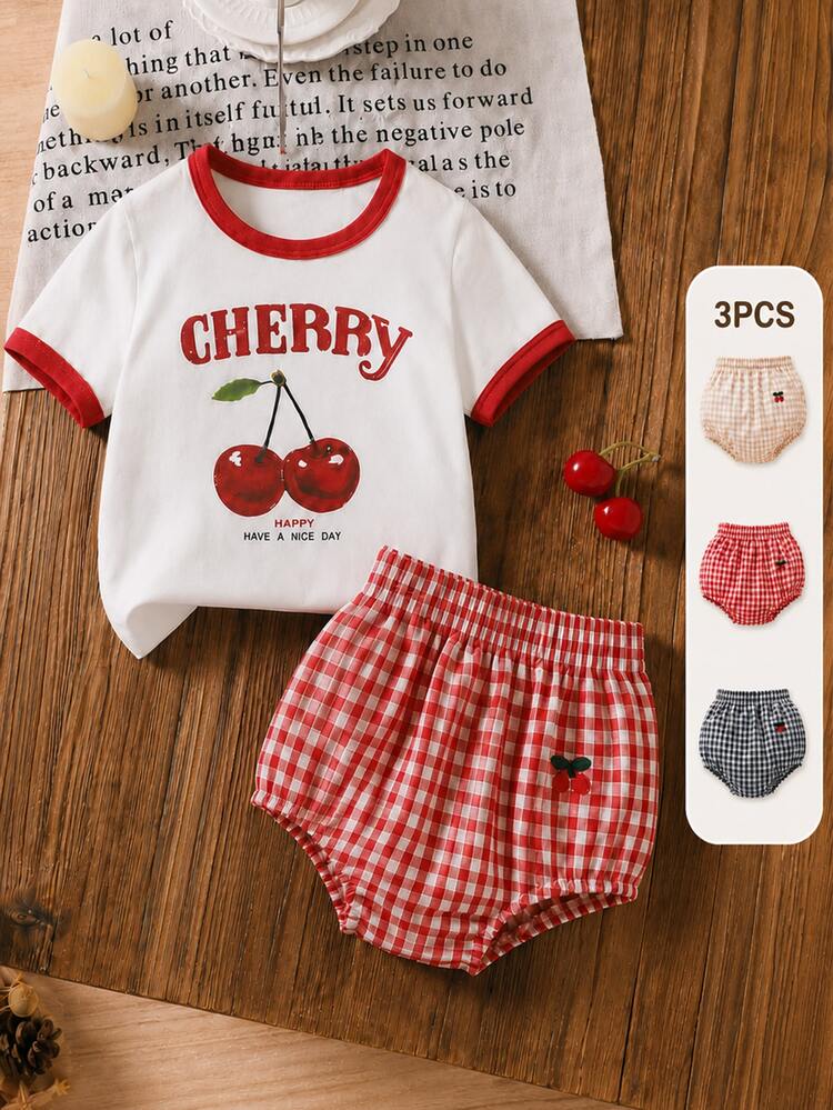 SHEIN 3pcs Baby Girl Newborn Cute Vintage Cherry Gingham Bloomers,Elastic Waist,Baby Shorts For Daily Wear,Vacation,Spring/Summer,Versatile Basic Silhouette - Multicolor - View 1