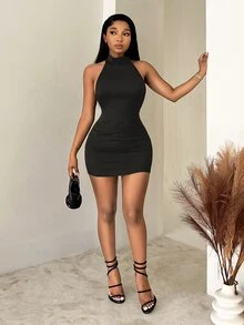 BamGleam Sleeveless Halter Neck Black Bodycon Mini Dress For Women Knitted Fabric Plain Look Halloween Going Out Night Out Club Summer Sexy - Black - View 7