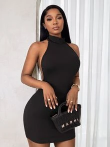 BamGleam Sleeveless Halter Neck Black Bodycon Mini Dress For Women Knitted Fabric Plain Look Halloween Going Out Night Out Club Summer Sexy - Black - View 6