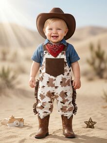 SHEIN Toddler Boys' Western Cute Family Matching Basic Grandpa Cowboy Outfit White Polka Dot Autumn First Birthday Ranch Overalls Jumpsuit Hat Photoshoot - Multicolor - View 10